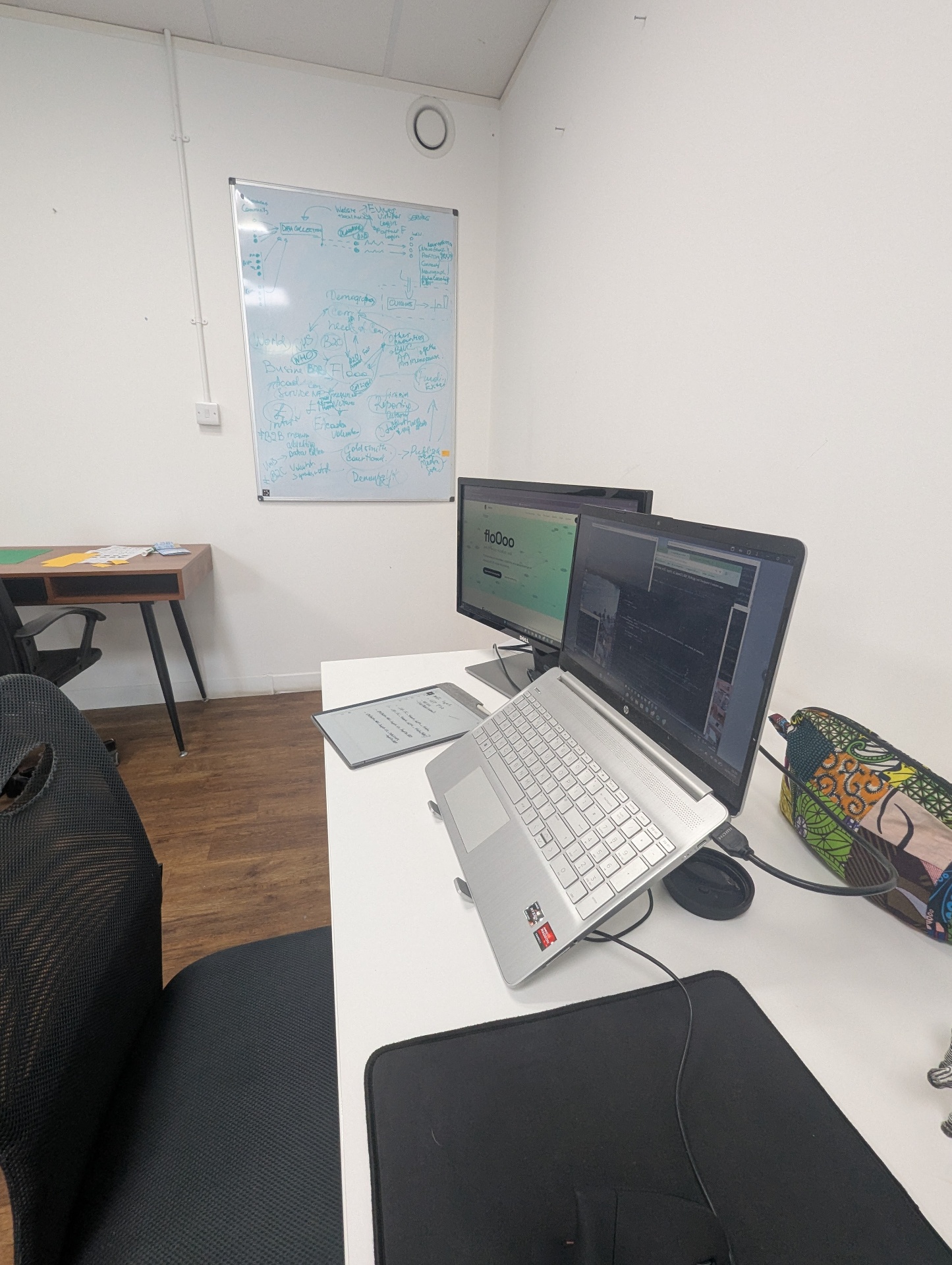 Desk with floOoo on screen and research notes